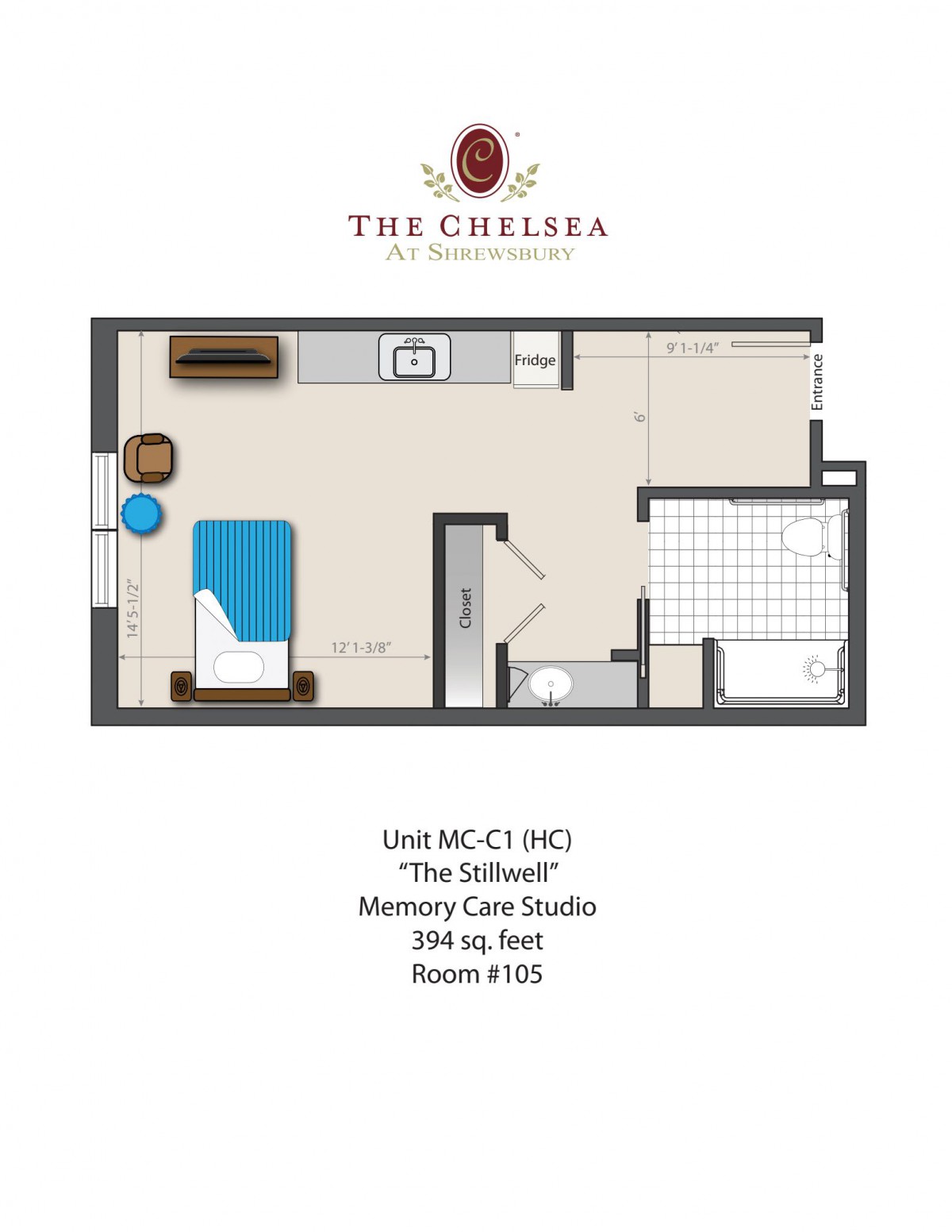 Floor plan of The Chelsea Memory Care Suite, 294 sq. ft.