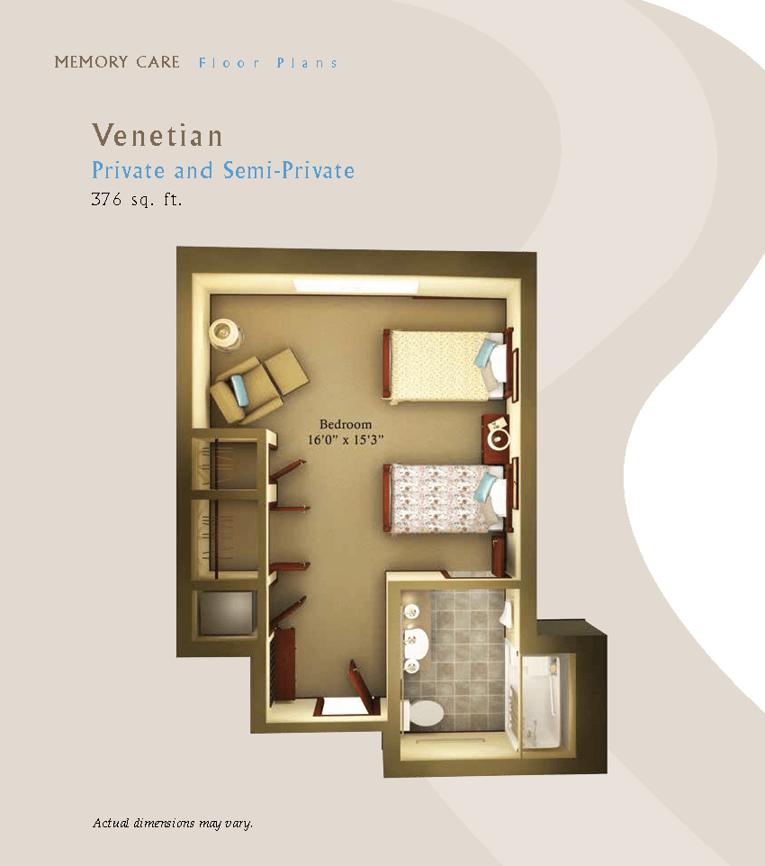 A floor plan of a Venetian-themed room with furniture and amenities.