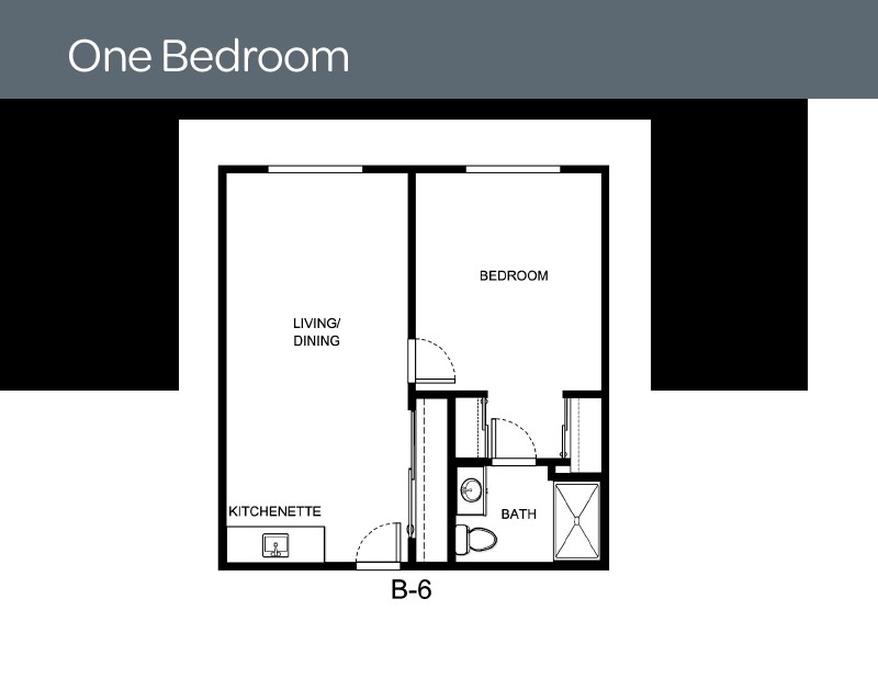 One-bedroom apartment floor plan layout.