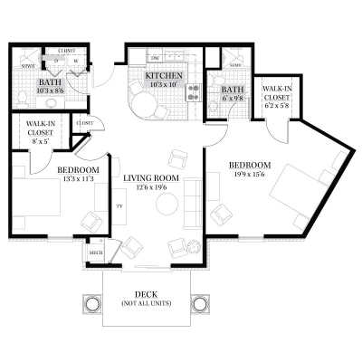 A floor plan of a multi-room apartment, including two bedrooms, a living room, a kitchen, and a balcony.