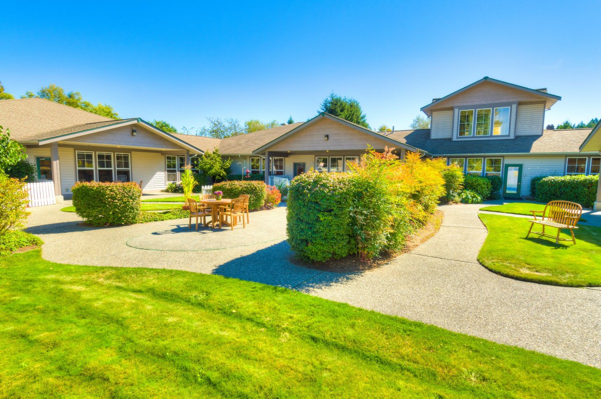 A bright, sunny day in a suburban residential area with well-maintained lawns and gardens.