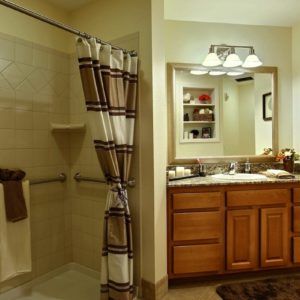 A well-lit bathroom featuring a shower with curtains and a wooden vanity with a large mirror.