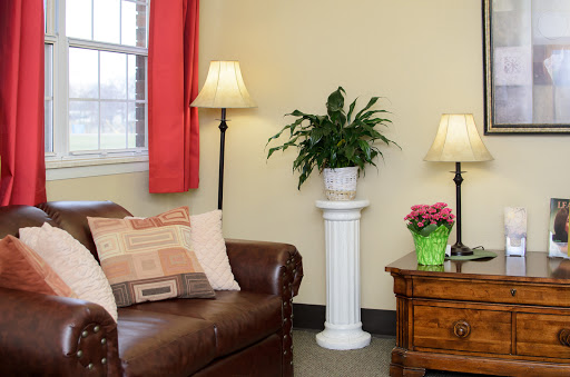 A cozy living room setup featuring a leather couch, decorative lamps, and plants.