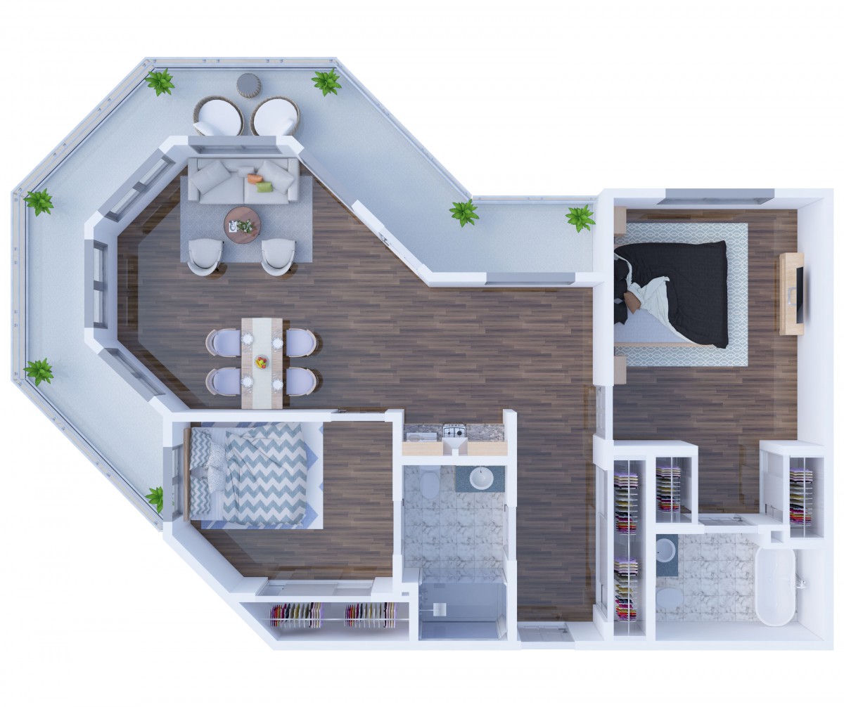 A top-down view of a modern apartment floor plan featuring distinct living, dining, and bedroom areas.