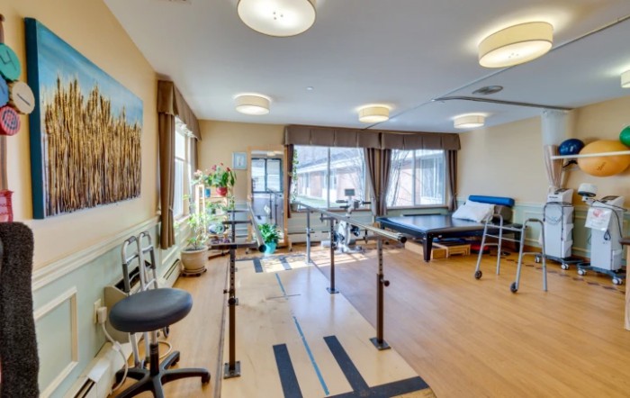 A well-lit physical therapy room equipped with parallel bars and exercise tables.