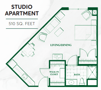 Floor plan of a 510 sq. feet studio apartment.