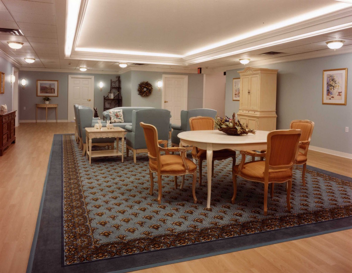 A well-lit living room featuring elegant furniture and a patterned carpet.