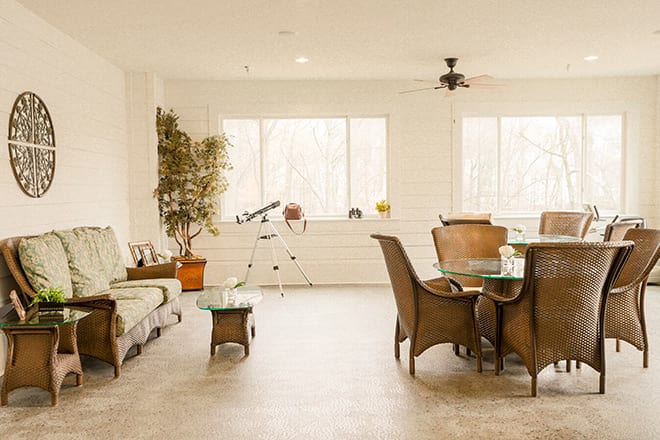 A cozy living room with a sofa, dining table, and chairs, featuring large windows and an indoor plant.