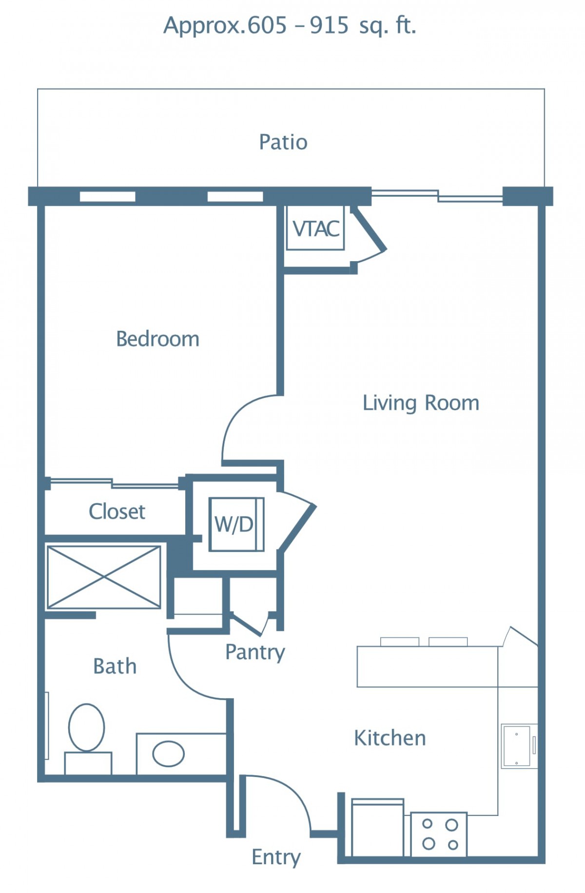 A floor plan of a one-bedroom apartment with a living room, kitchen, bathroom, and closet.