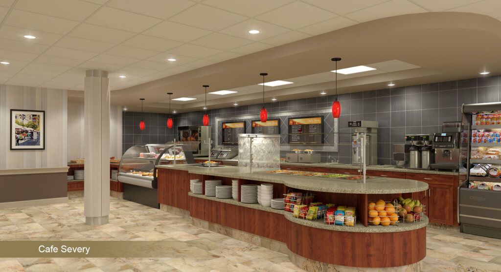 A modern cafeteria interior with a long counter and stylish lighting.