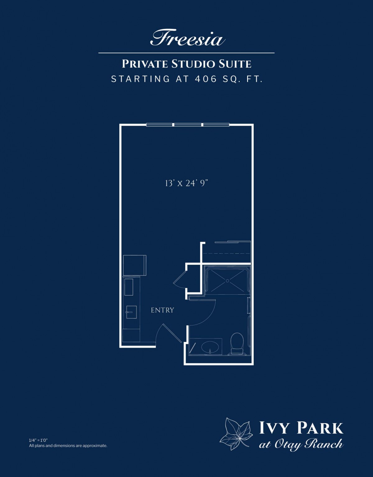 Floor plan of a private studio suite starting at 400 sq. ft.