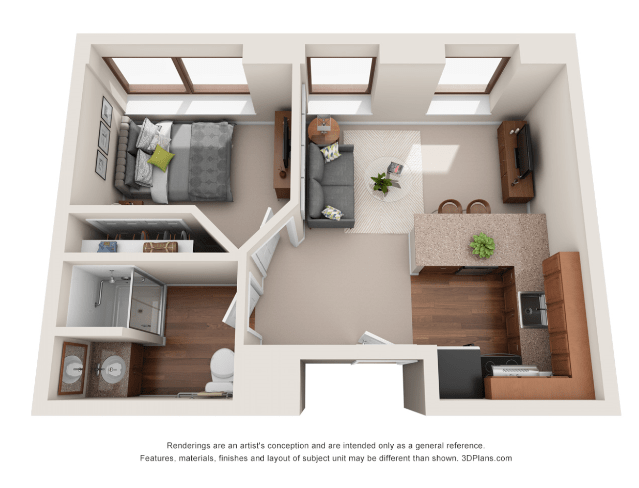 A 3D floor plan of a modern 1-bedroom apartment featuring an open living area, kitchen, and bathroom layout.
