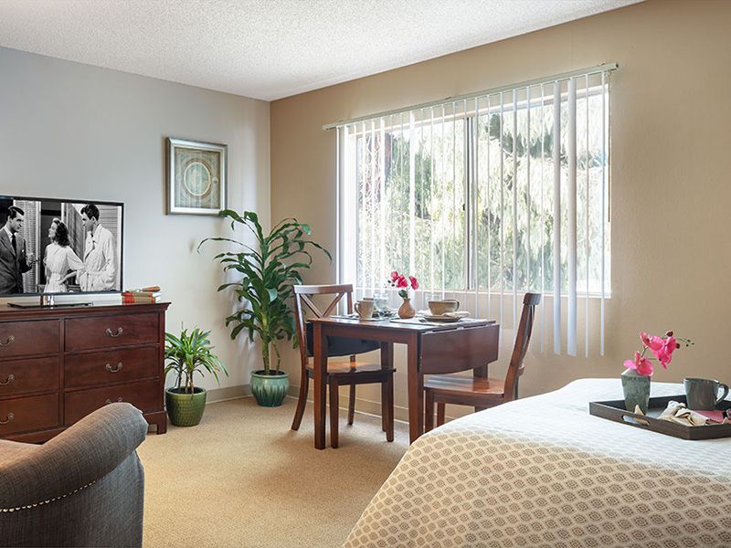 A cozy bedroom with natural light illuminating a small table and chairs next to a window, surrounded by plants and warm decor.