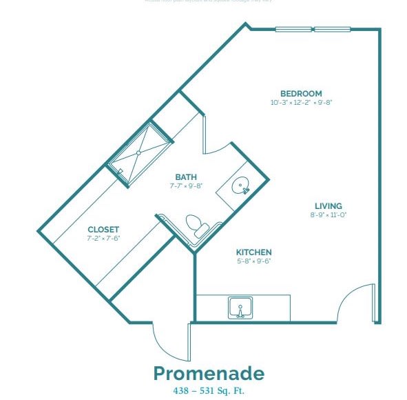 Floor plan of a residential apartment showing bedroom, bathroom, kitchen, and living area.
