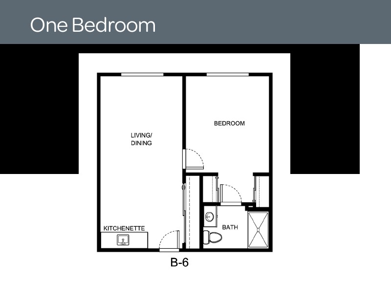 One-bedroom apartment floor plan with designated living/dining area, kitchen, bathroom, and bedroom.