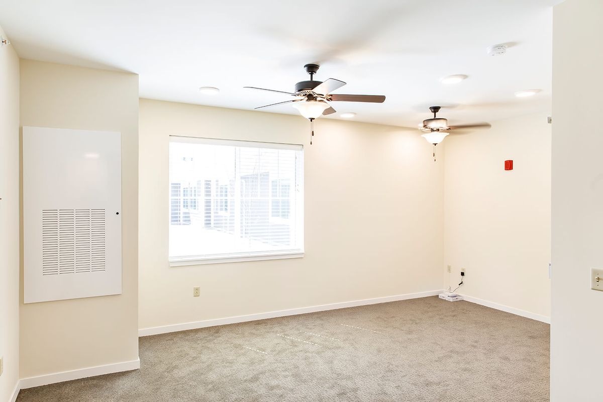 A bright, empty room with carpeted flooring, two ceiling fans, and a large window.