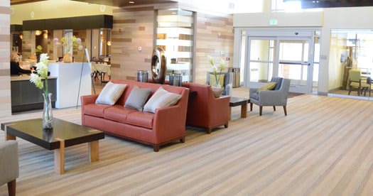 A modern lobby with comfortable seating and stylish interior design.