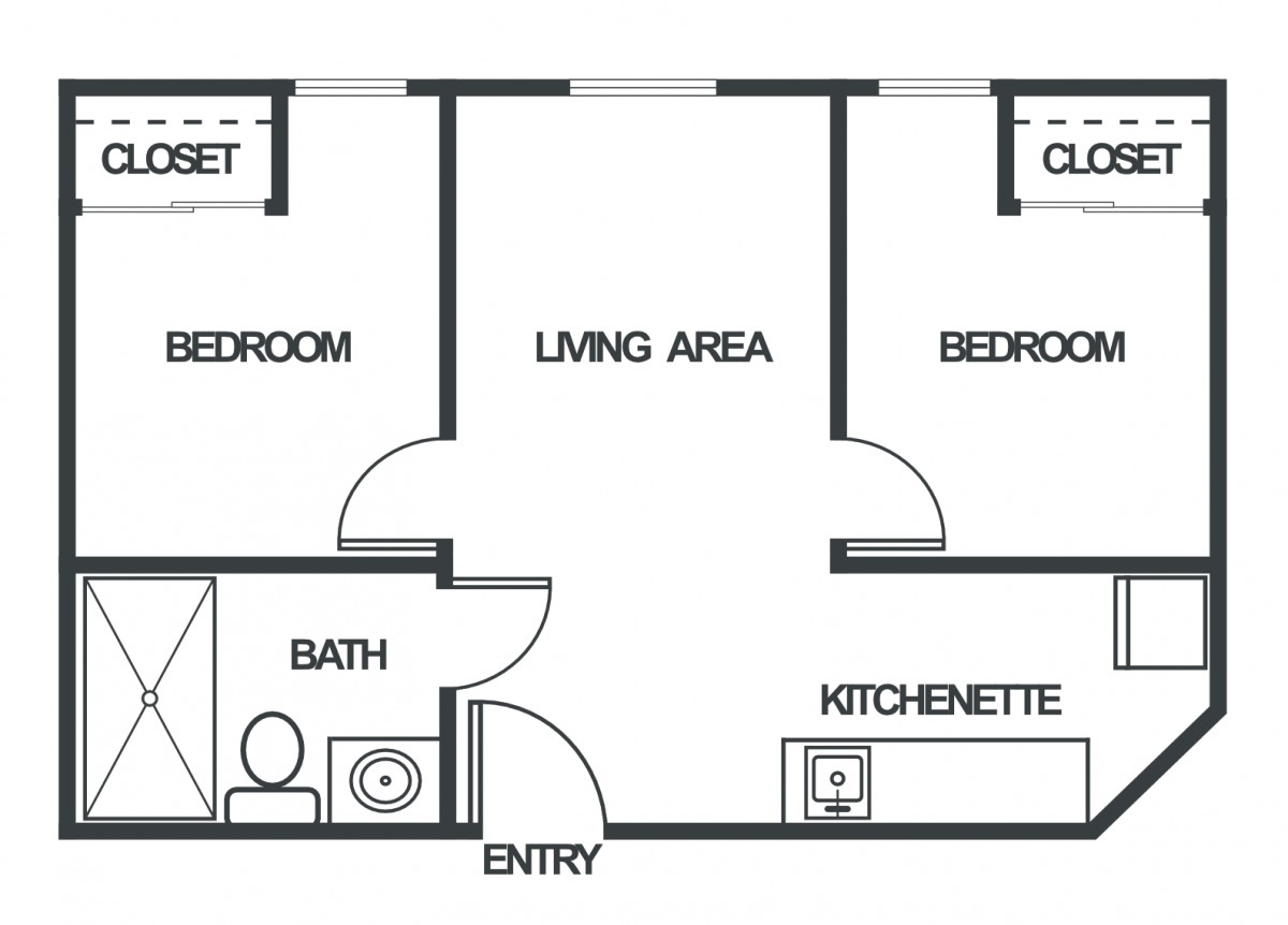 A floor plan of a two-bedroom apartment with a living area, kitchenette, bathroom, and closets.