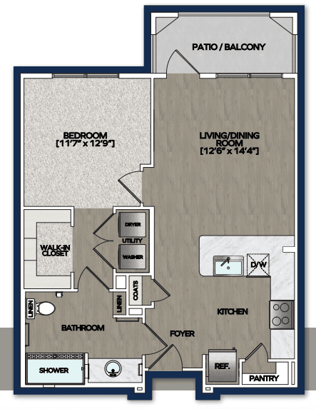 This is a floor plan of a one-bedroom apartment featuring a living/dining area, kitchen, bathroom, bedroom, and a private balcony.