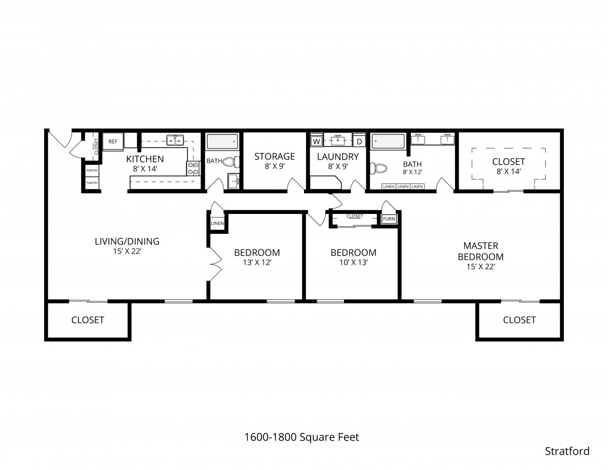 Floor plan of a spacious apartment with multiple bedrooms, bathrooms, and living areas.