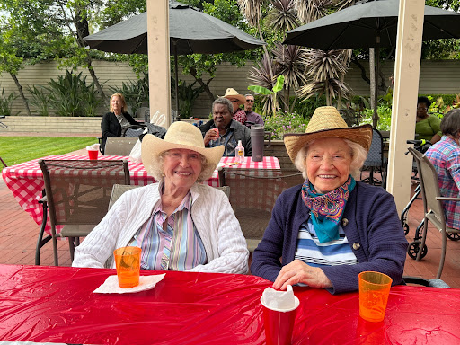 Two friends enjoying a sunny day outdoors, wearing cowboy hats and sharing laughs.