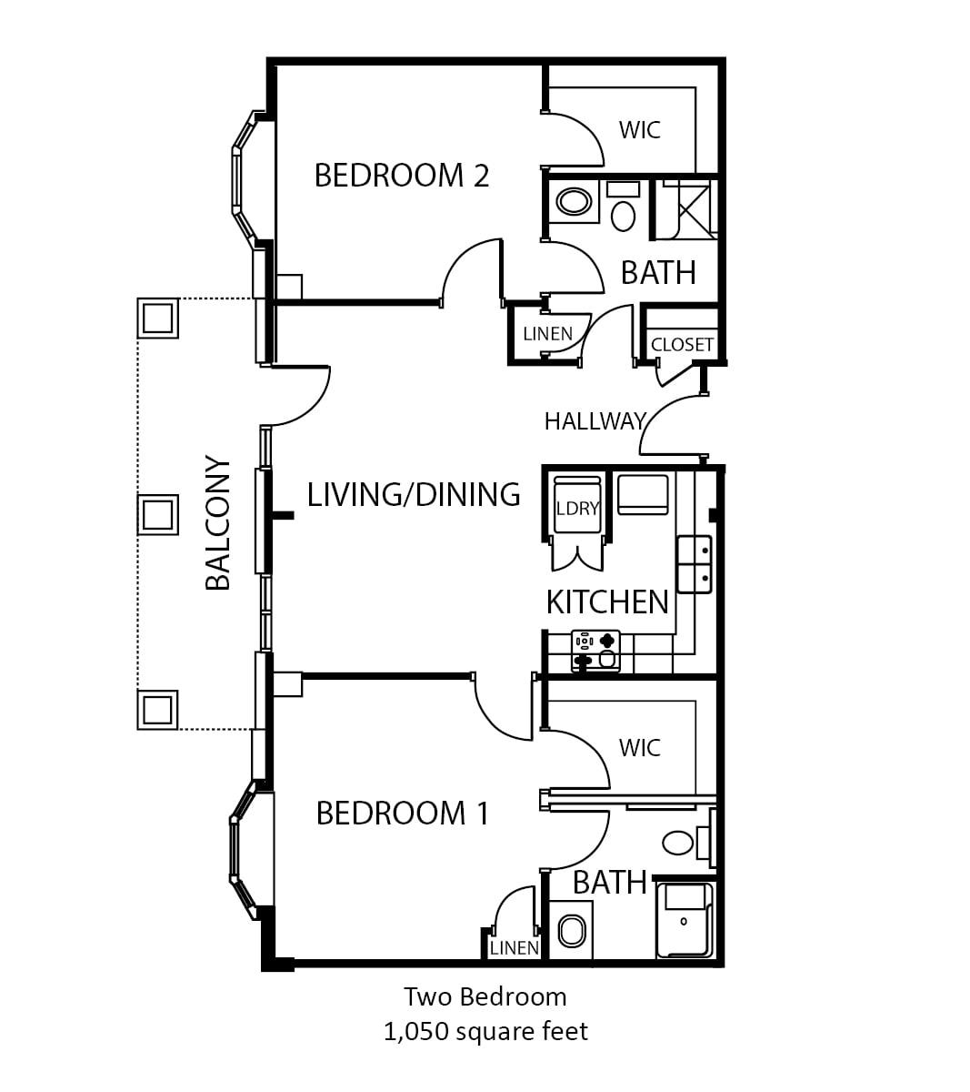 A floor plan of a two-bedroom apartment with a balcony, living/dining area, kitchen, and two bathrooms.
