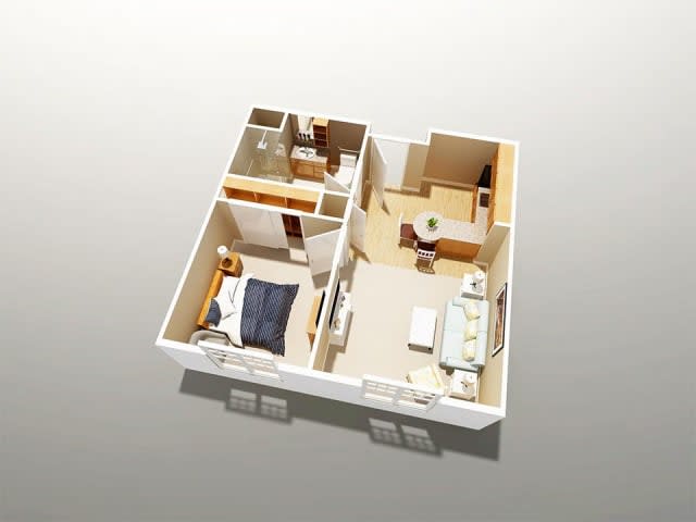 A 3D rendered floor plan of a one-bedroom apartment featuring a living room, kitchen, and bathroom.