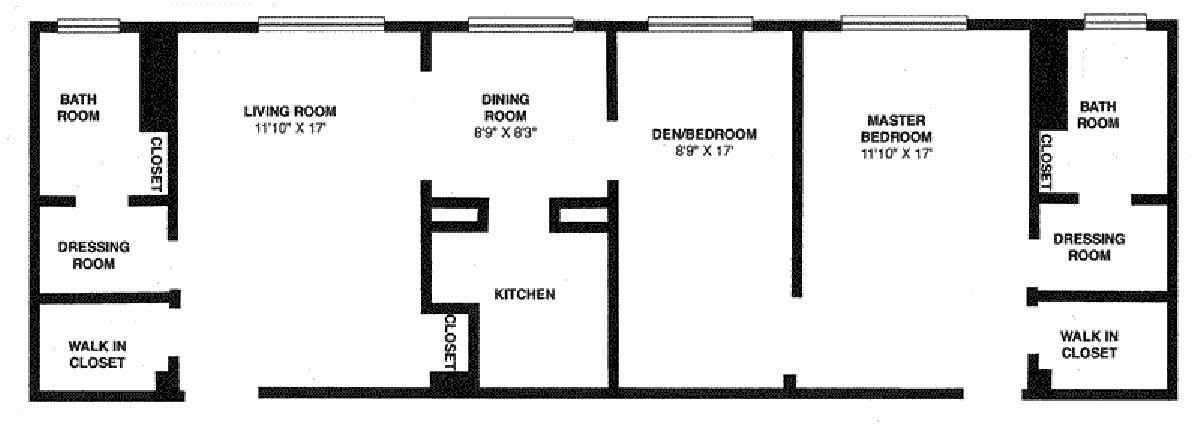 A floor plan showing the layout of a dining room, den/bedroom, kitchen, and closet.