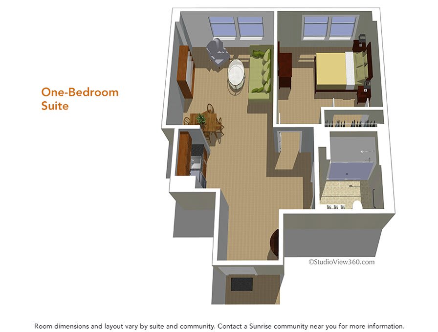 3D floor plan of a one-bedroom apartment featuring a living area, kitchen, and bathroom.
