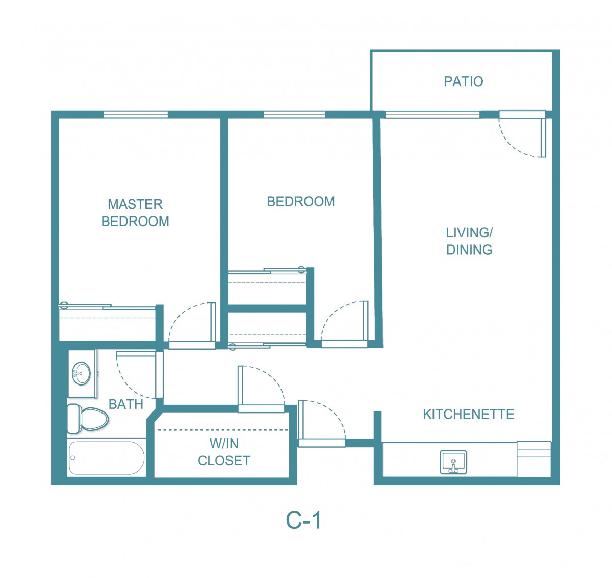 A floor plan of an apartment featuring a living/dining area, kitchenette, patio, bedroom, master bedroom, bath, and utility closet.