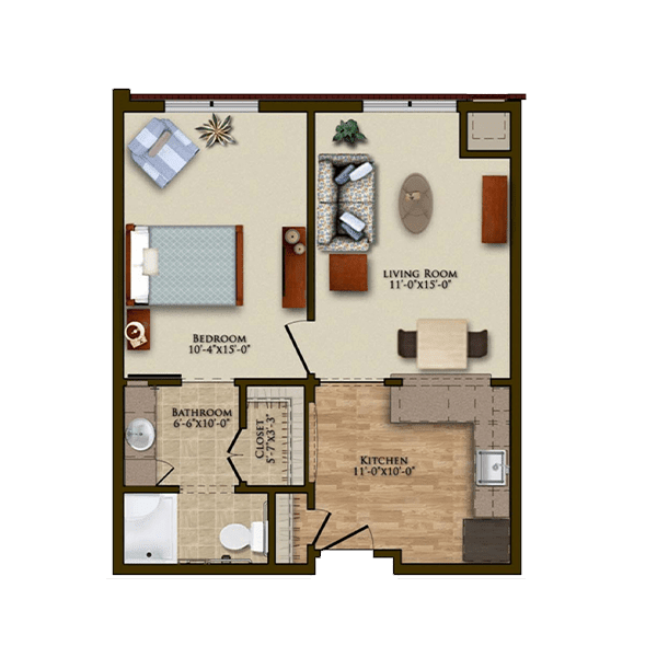A floor plan of a one-bedroom apartment featuring a living room, kitchen, and bathroom.