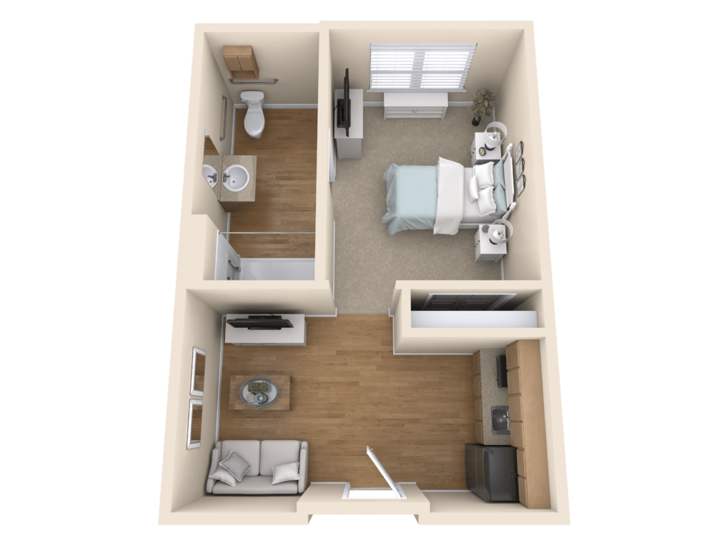 3D floor plan of a one-bedroom apartment with a bathroom, kitchen, and living area.
