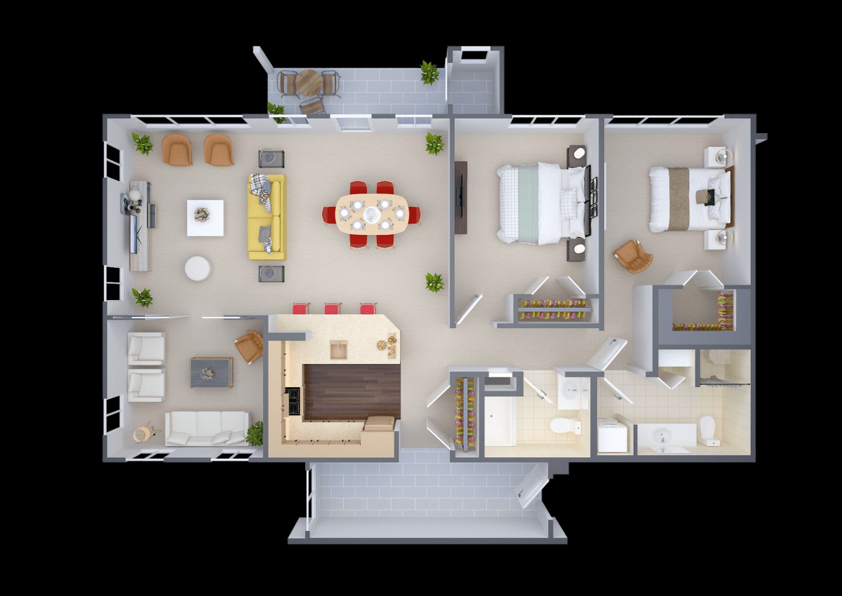 A detailed floor plan showcasing the layout of a house, including furniture placement and room divisions.