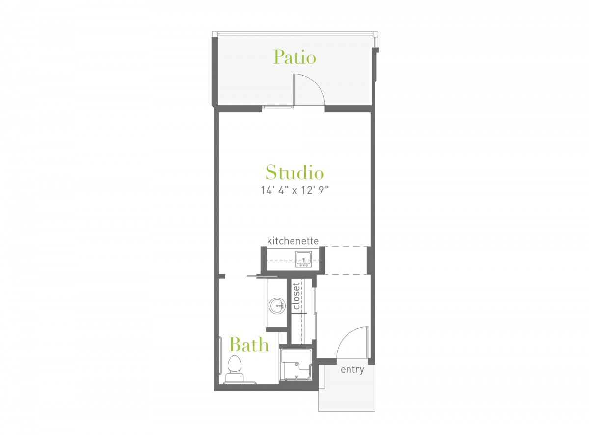 Studio apartment floor plan with patio and bathroom.
