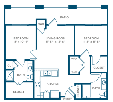 A floor plan of a two-bedroom apartment with labeled rooms and dimensions.
