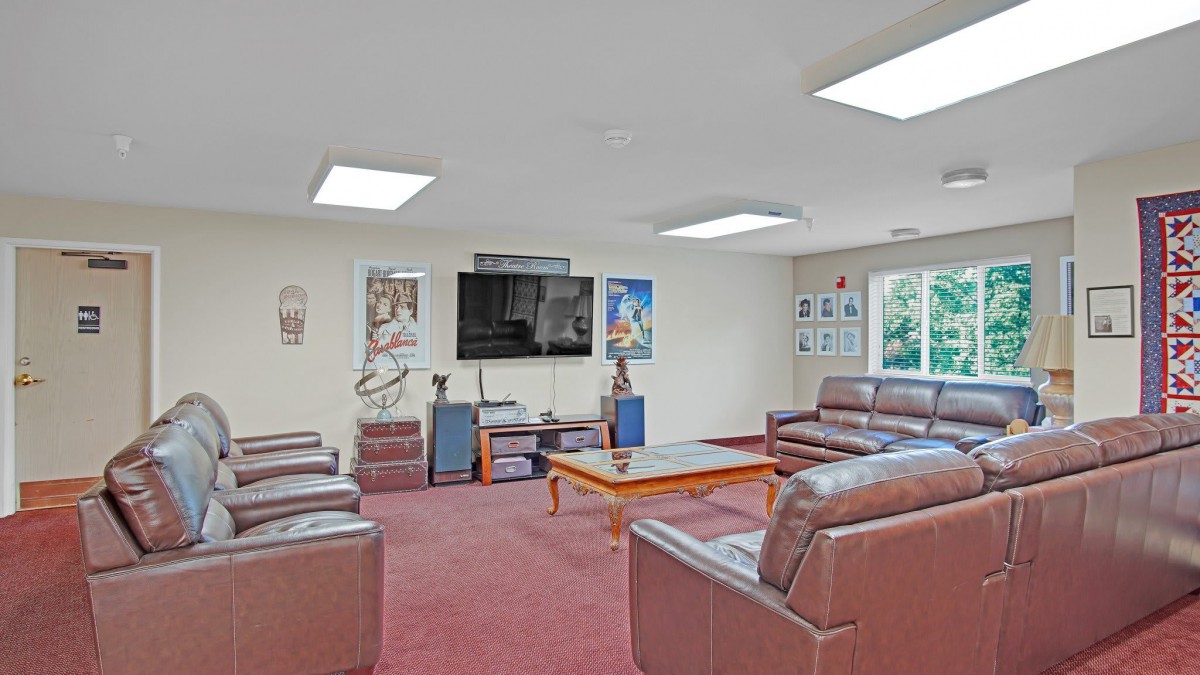A cozy living room featuring leather sofas, a large television, and various posters on the walls.