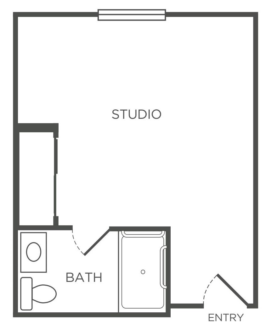 Floor plan of a studio apartment with a bathroom.