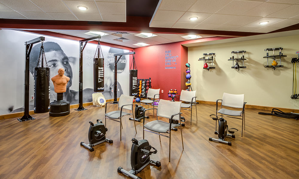 A well-equipped gym space with exercise bikes, boxing bags, and a seating area for group activities.