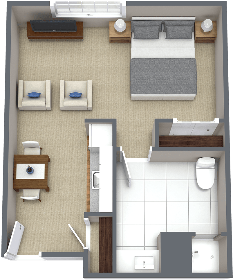 A detailed floor plan of a small apartment featuring a bedroom, living area, kitchen, and bathroom.