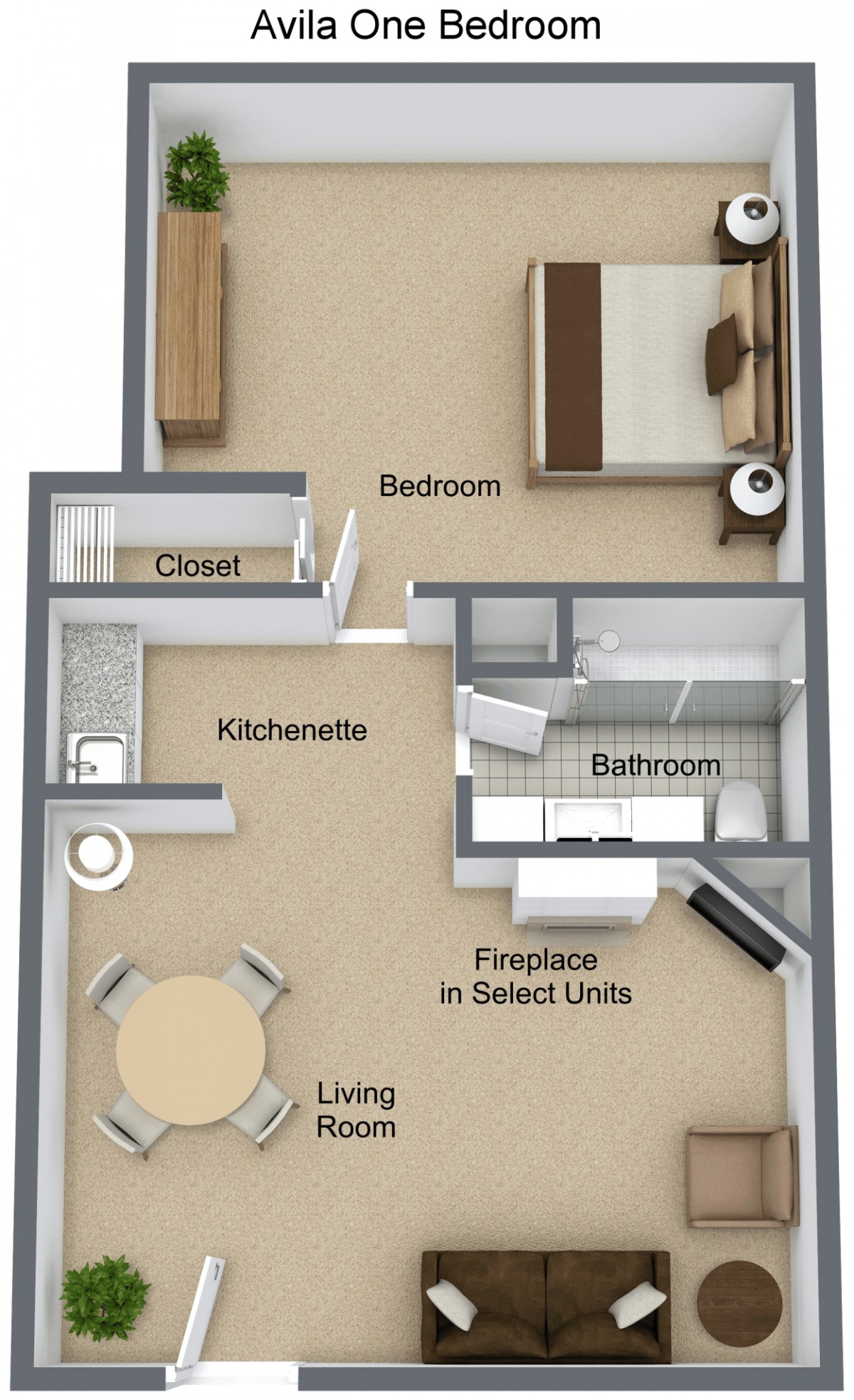 A 3D floor plan of a one-bedroom apartment featuring a living room, kitchenette, bathroom, and closet.