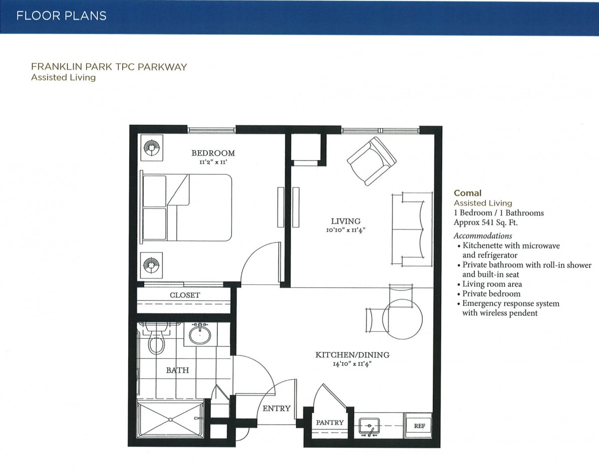 Floor plan of a one-bedroom apartment with a living room, bathroom, and kitchen.