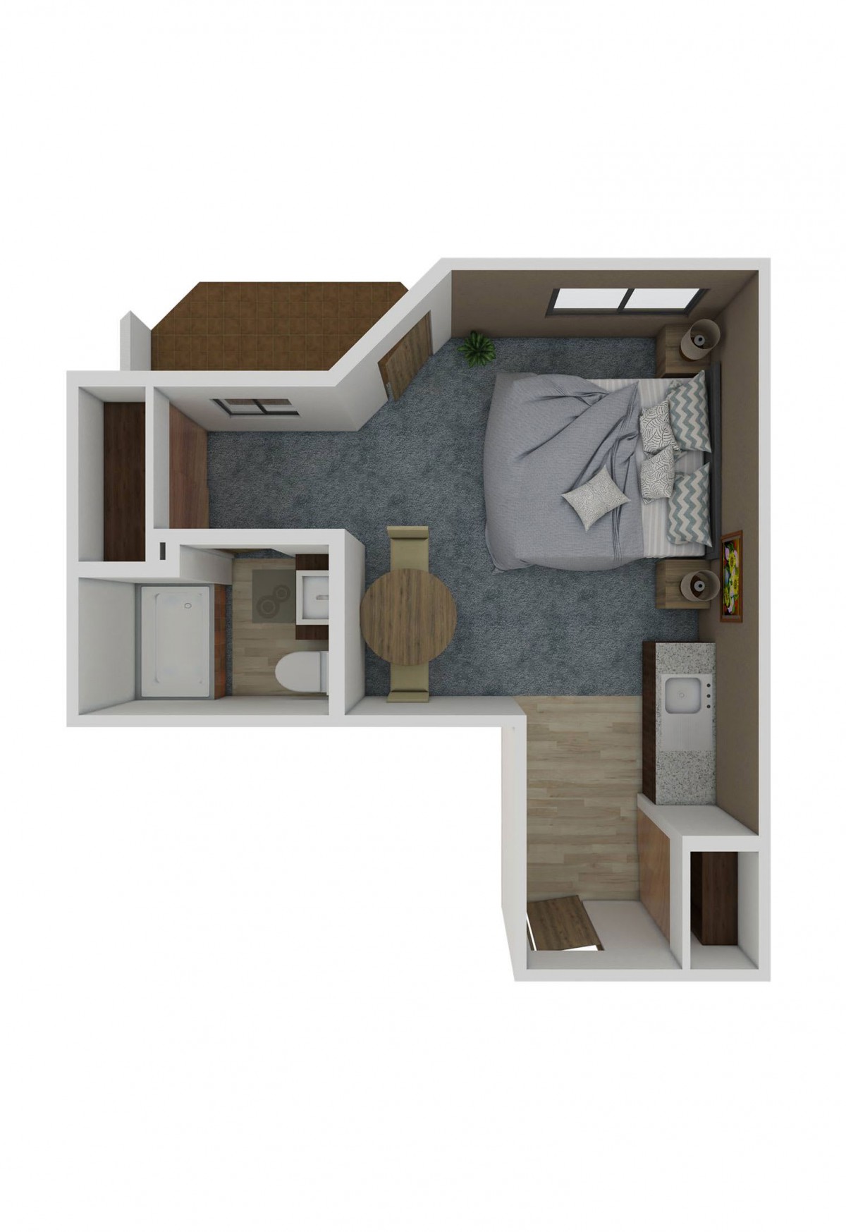 A 3D floor plan of a compact, one-bedroom apartment featuring a bedroom, bathroom, and living area.