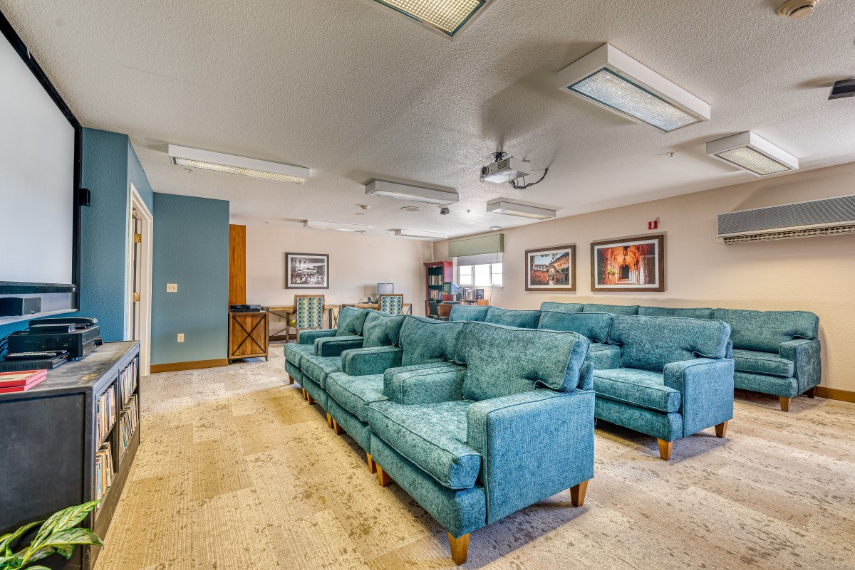 A comfortable living room with teal sofas and a projector setup, decorated with artwork on the walls.