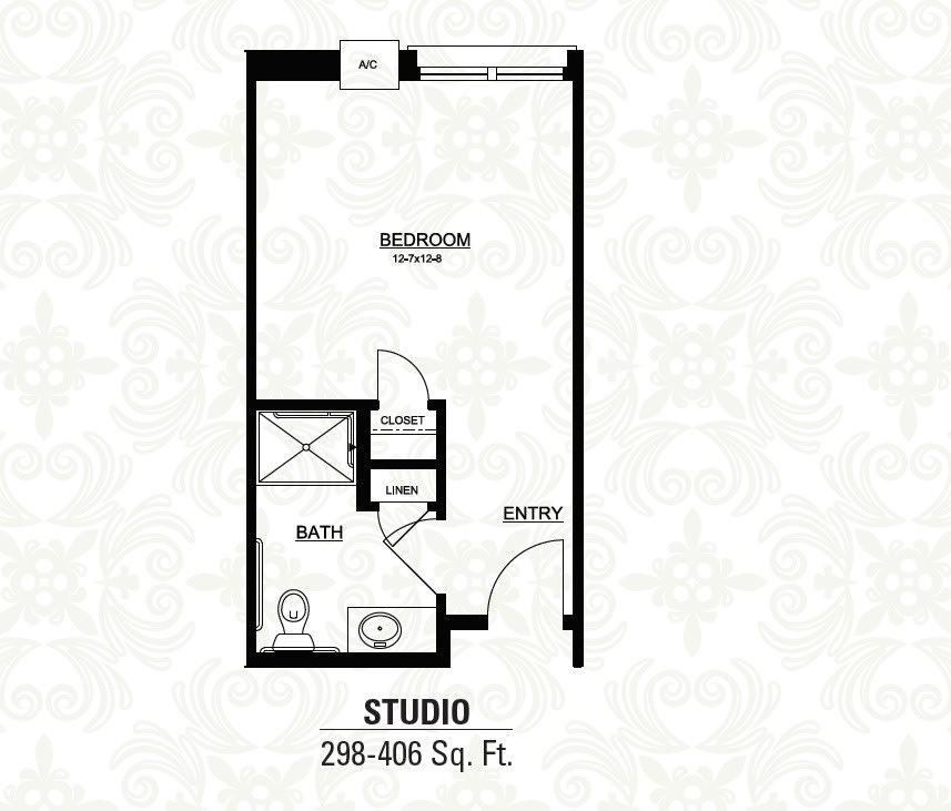 Studio apartment floor plan with dimensions ranging from 298 to 406 square feet.
