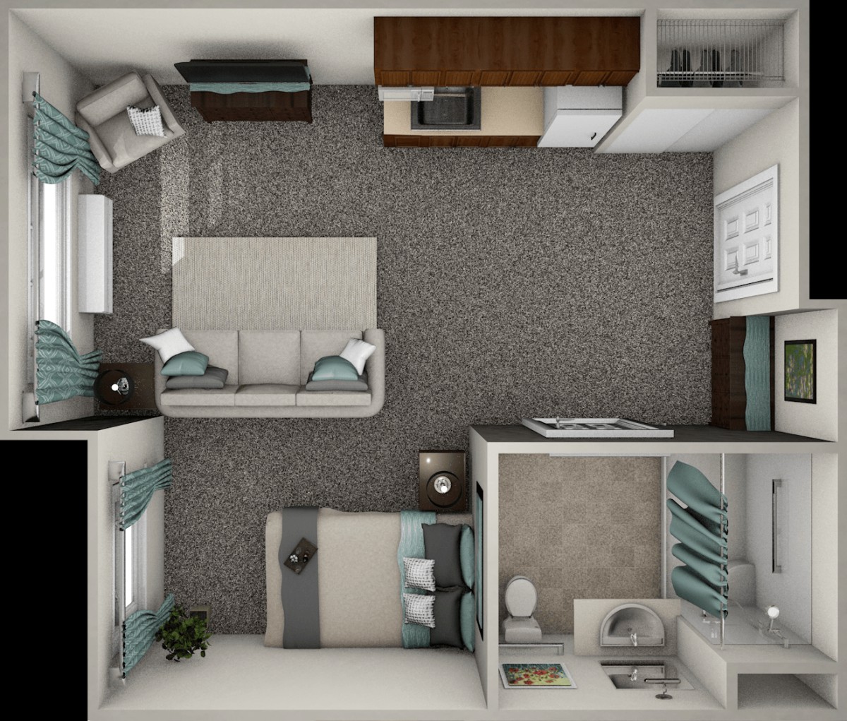 A detailed floor plan of a compact apartment featuring a living area, bedroom, kitchen, and bathroom.