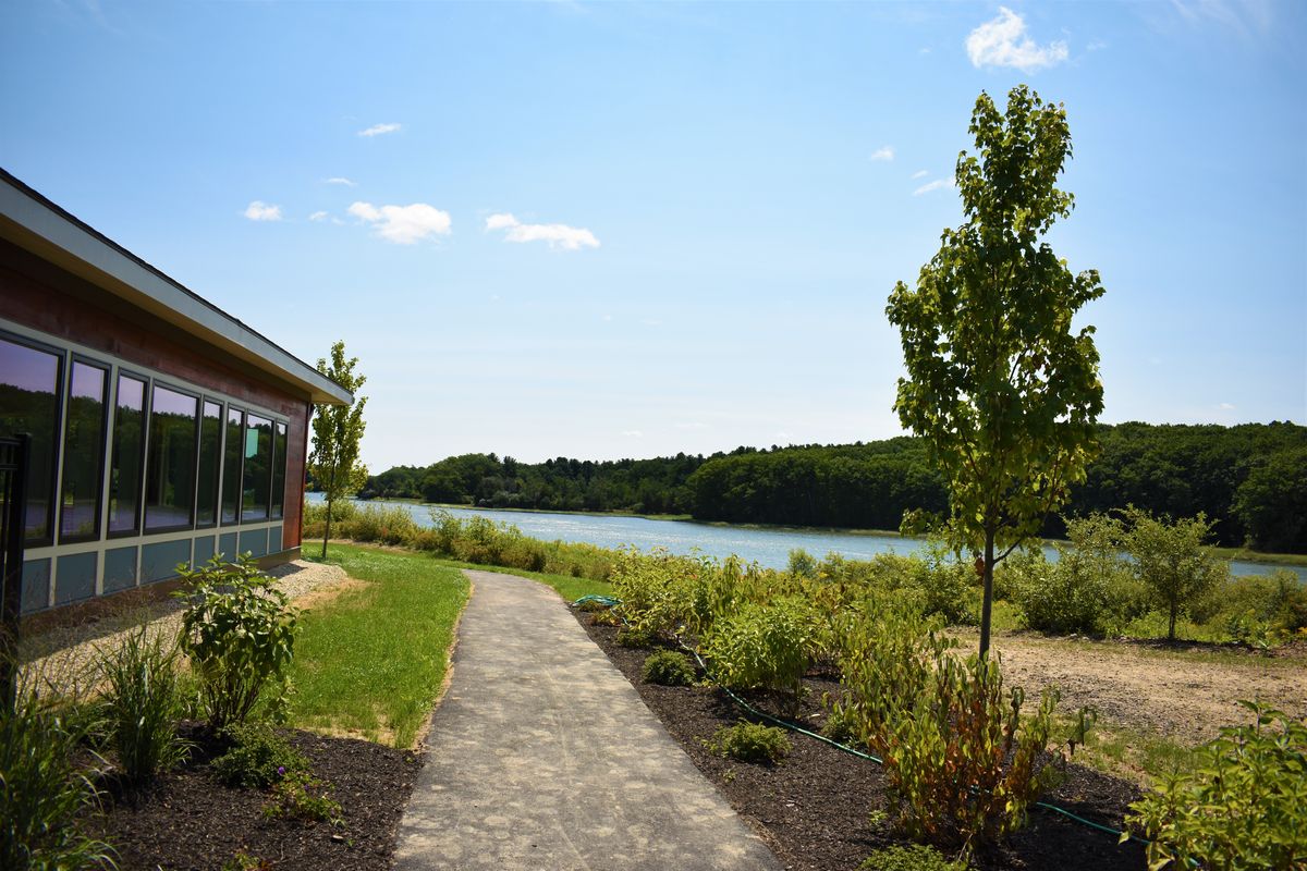 A scenic view of a pathway leading alongside a lake with trees and a building nearby.