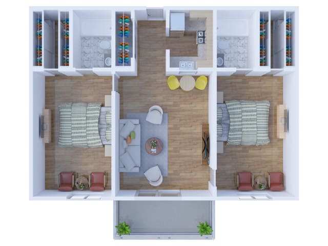 3D floor plan of a two-bedroom apartment with a shared living area and kitchen.