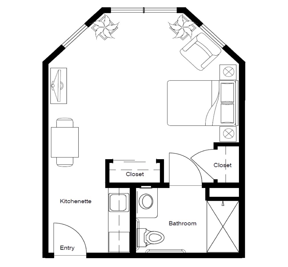 A floor plan of a small apartment featuring a bedroom, bathroom, kitchenette, living area, and closets.
