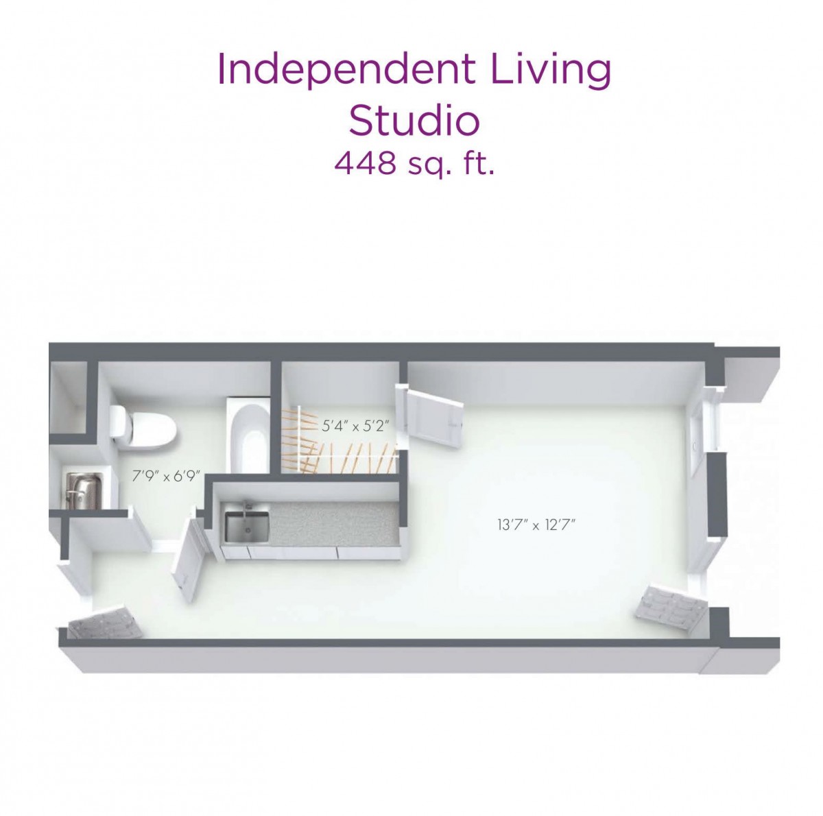 Floor plan of a 446 sq. ft. Independent Living Studio.