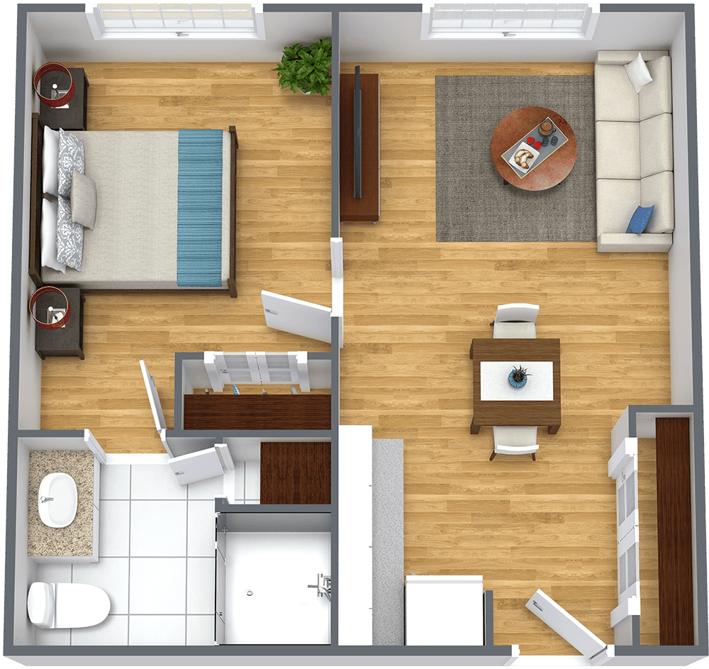 A 2D floor plan of a one-bedroom apartment showing the bedroom, living room, kitchen, and bathroom.